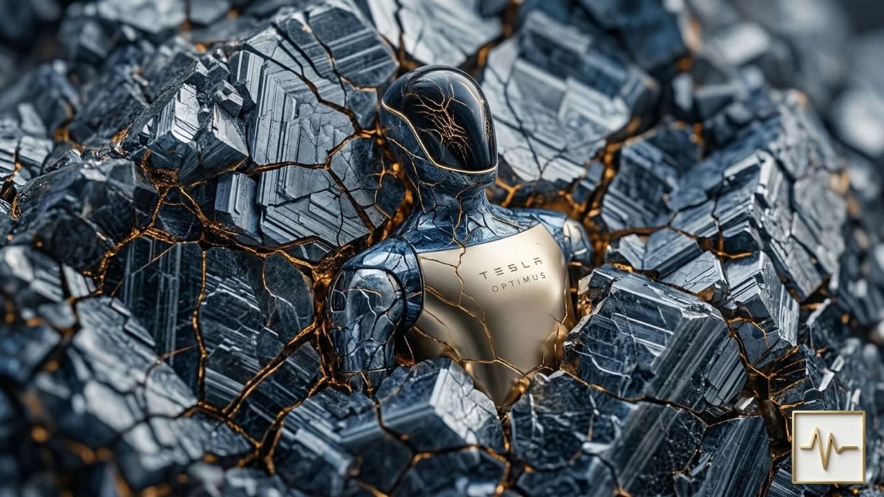 Robotic humanoid Tesla Optimus amidst fractured metal fragments, highlighting advancements in autono.