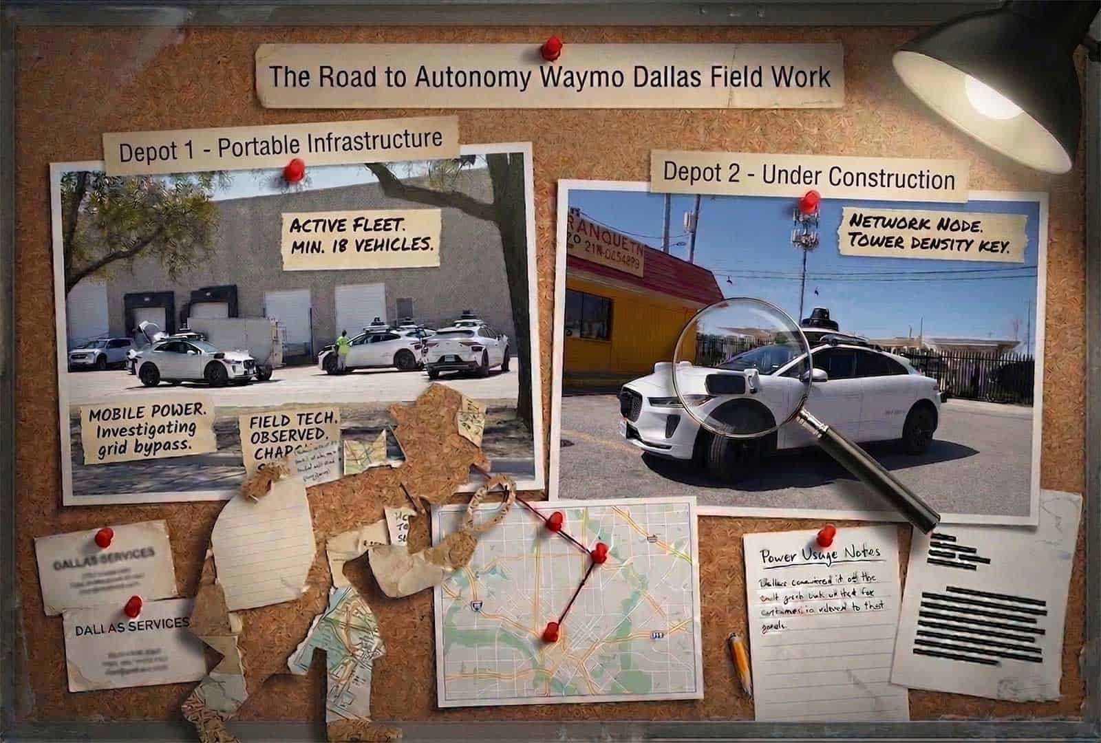 Waymo autonomous vehicles at Dallas field test site under construction and infrastructure setup.