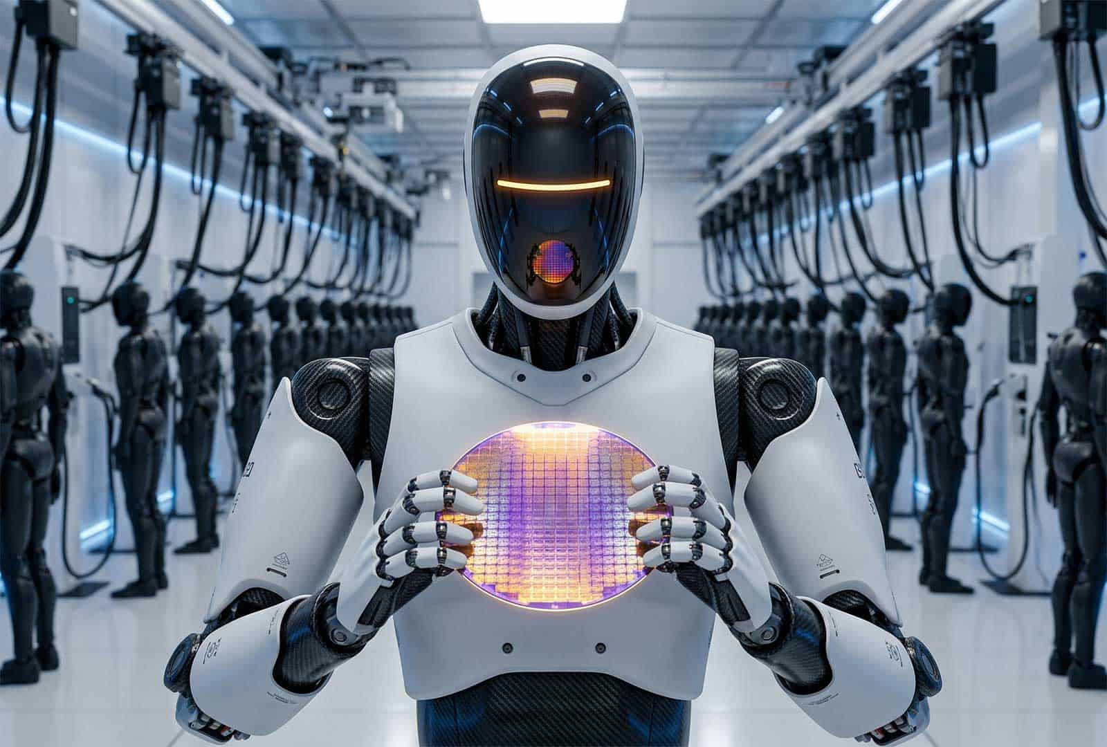 Advanced robot holding a microchip in a high-tech lab environment.