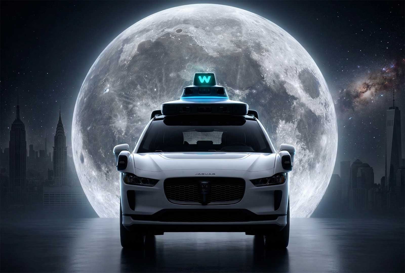Self-driving car with moonlit cityscape background, showcasing autonomous technology.