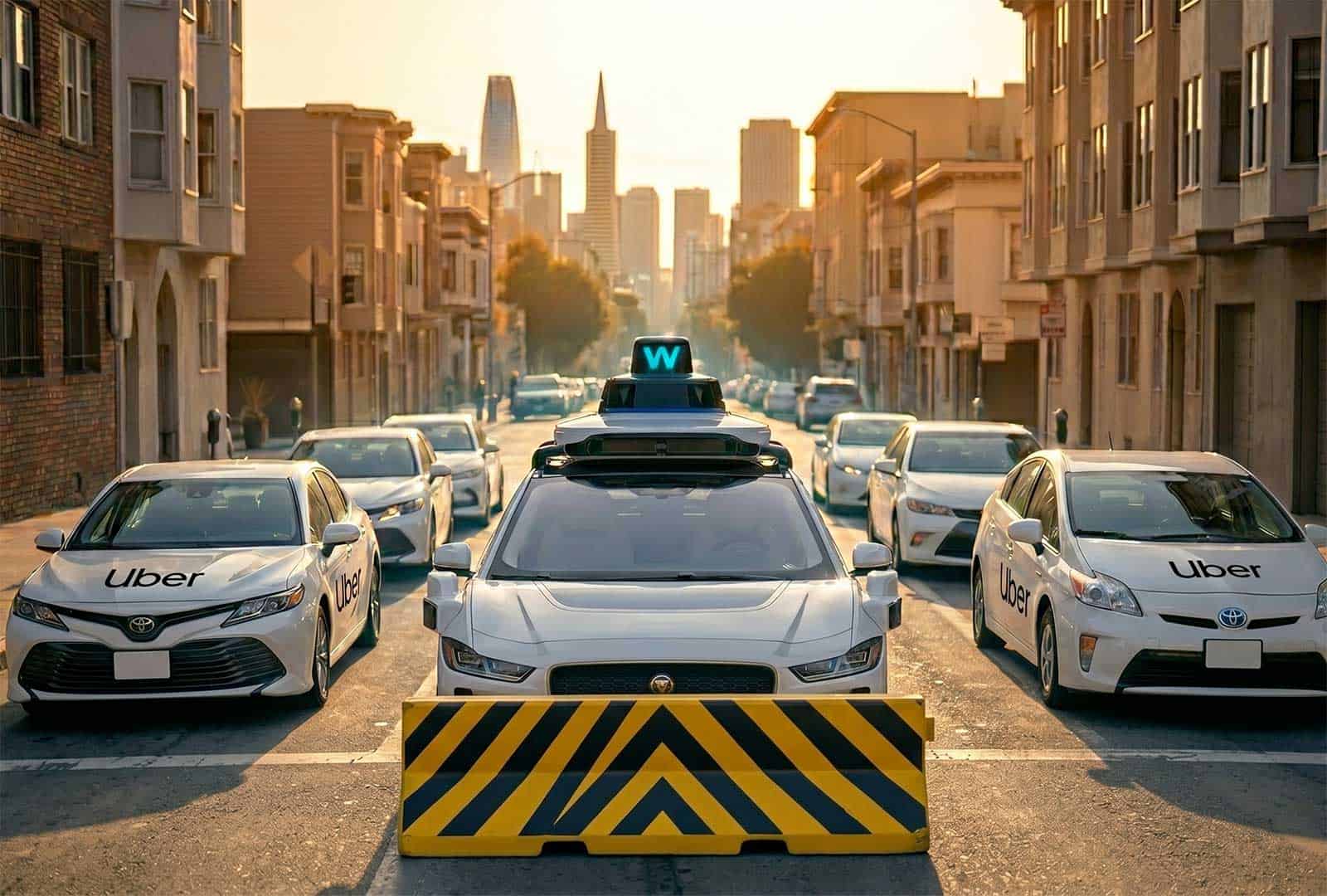 Autonomous vehicle testing on city streets with Uber self-driving cars.