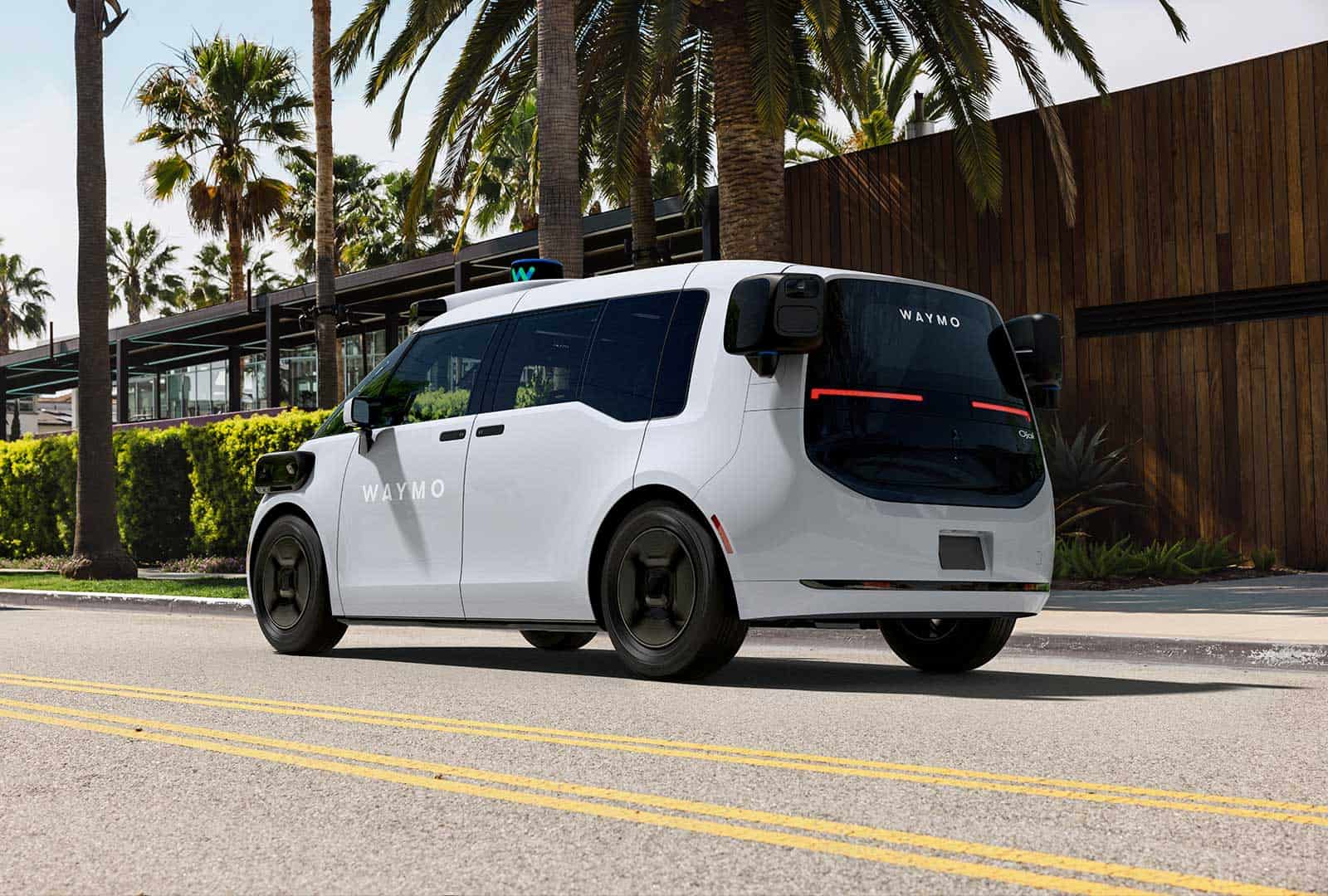 Autonomous Waymo vehicle driving on a city street with palm trees in the background.