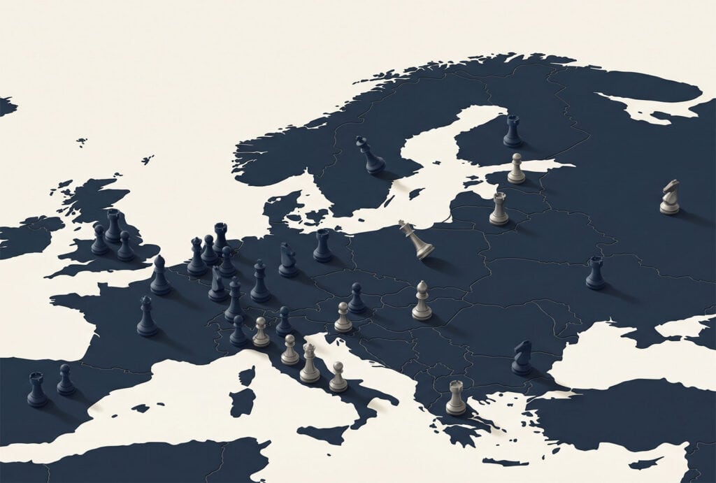 Map of Europe with chess pieces symbolizing autonomous vehicle innovation.