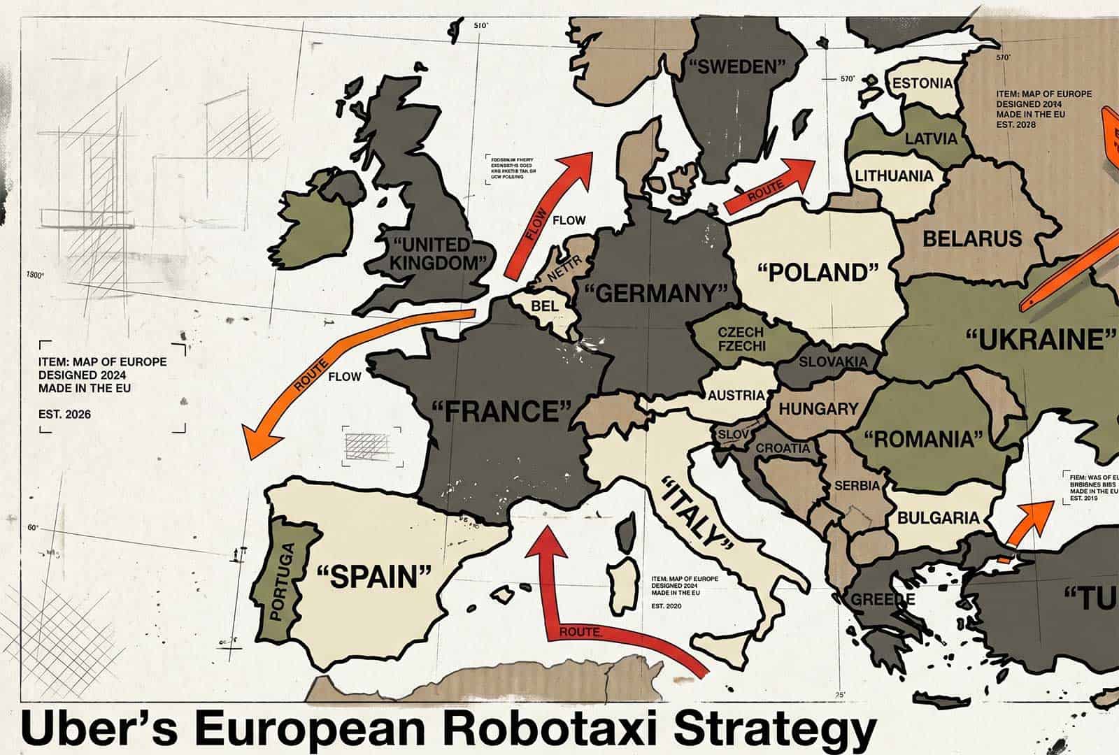 Autonomous vehicle development strategy across Europe, highlighting key countries and flow of innova.