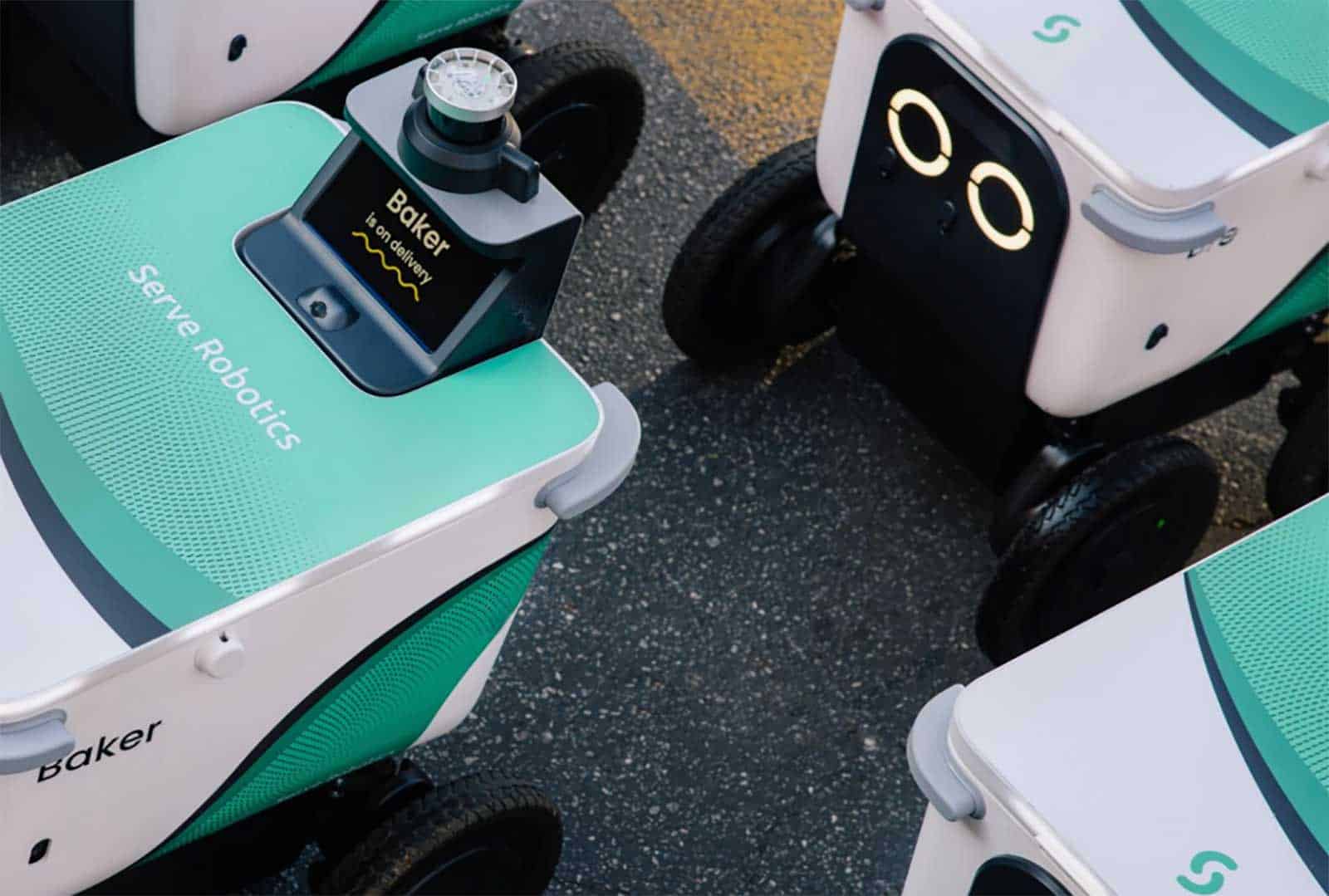 Autonomous delivery robots on the street for food and package delivery.