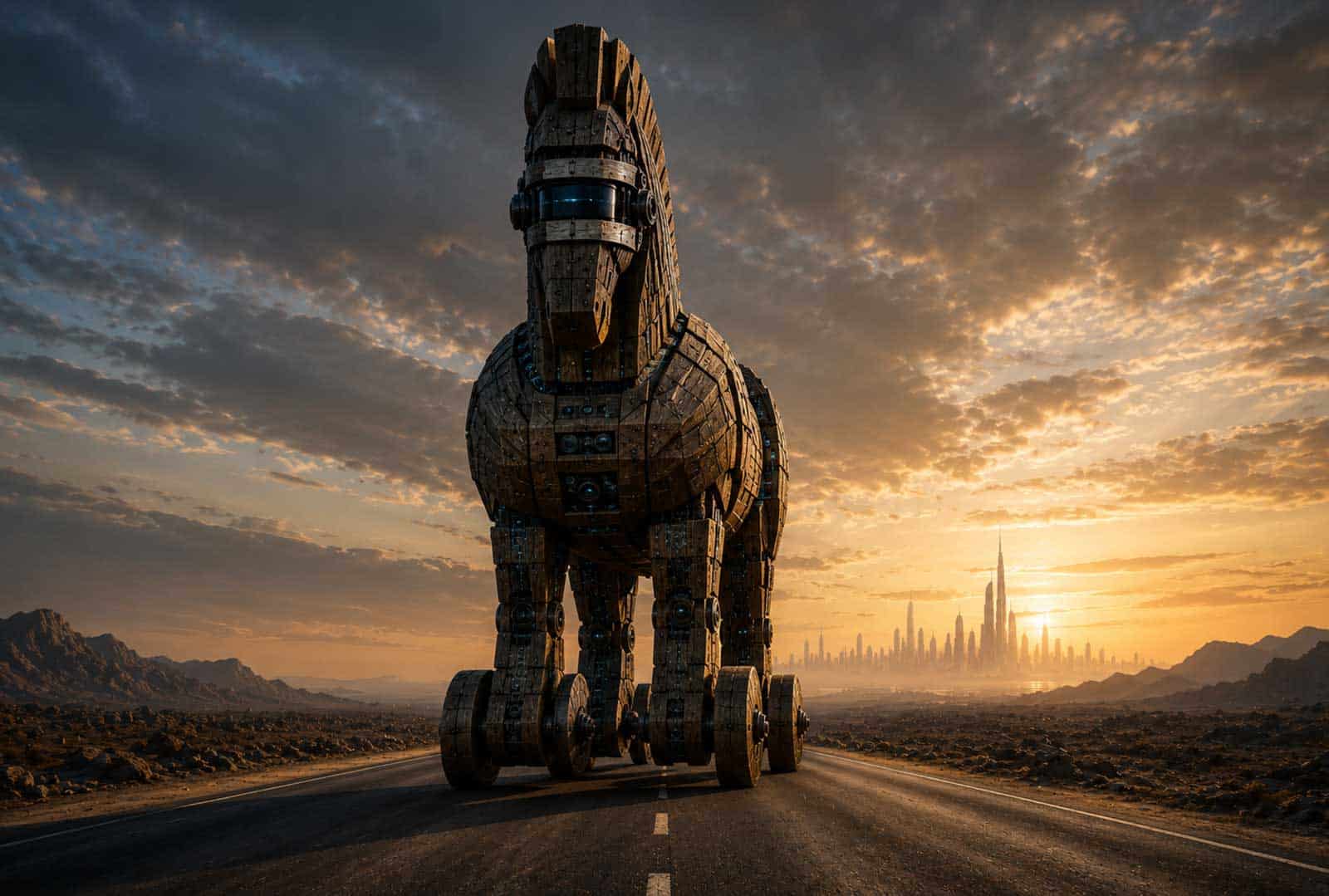Futuristic robotic horse on a road at sunset with city skyline in background.