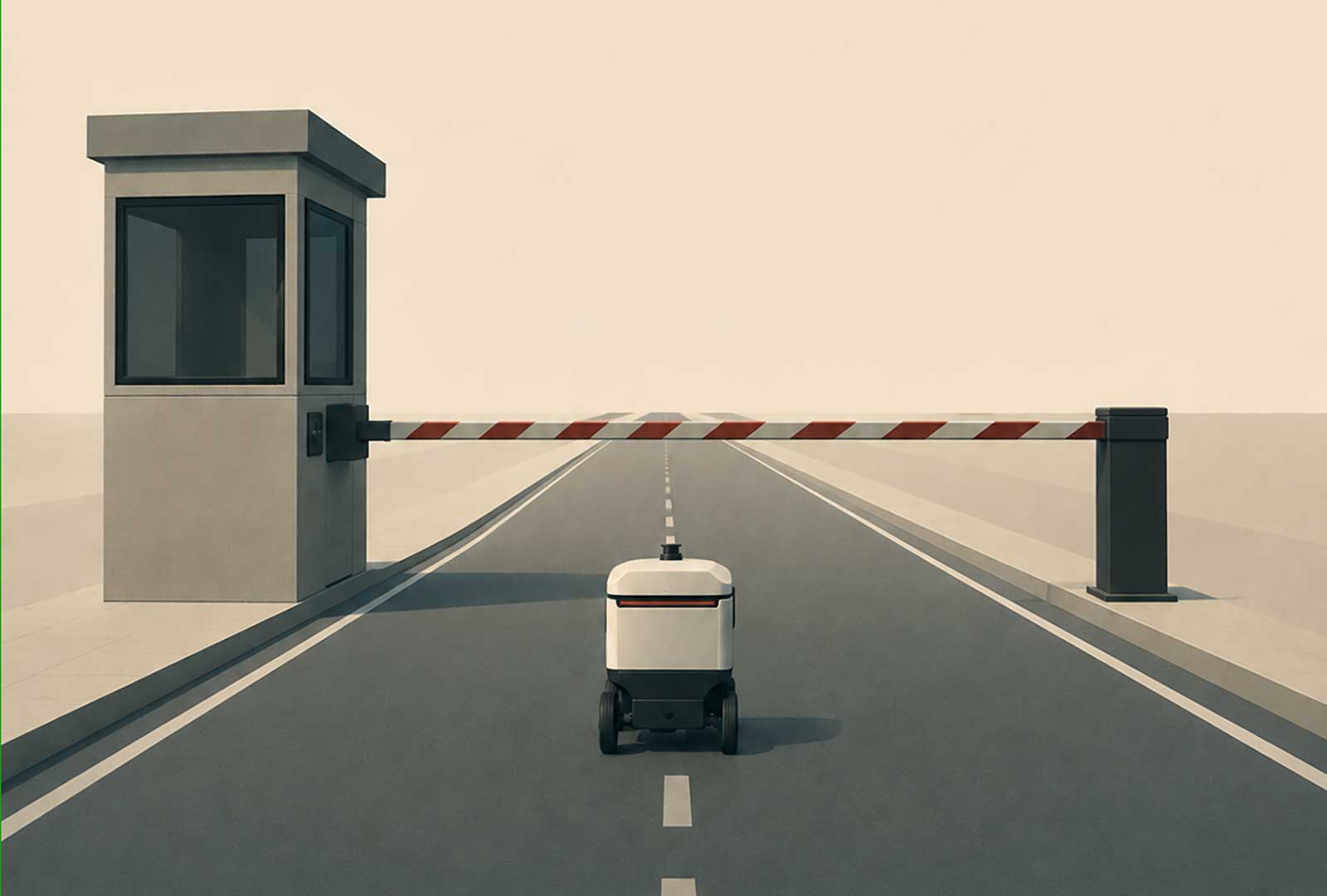 Self-driving vehicle approaching a security barrier on a road.