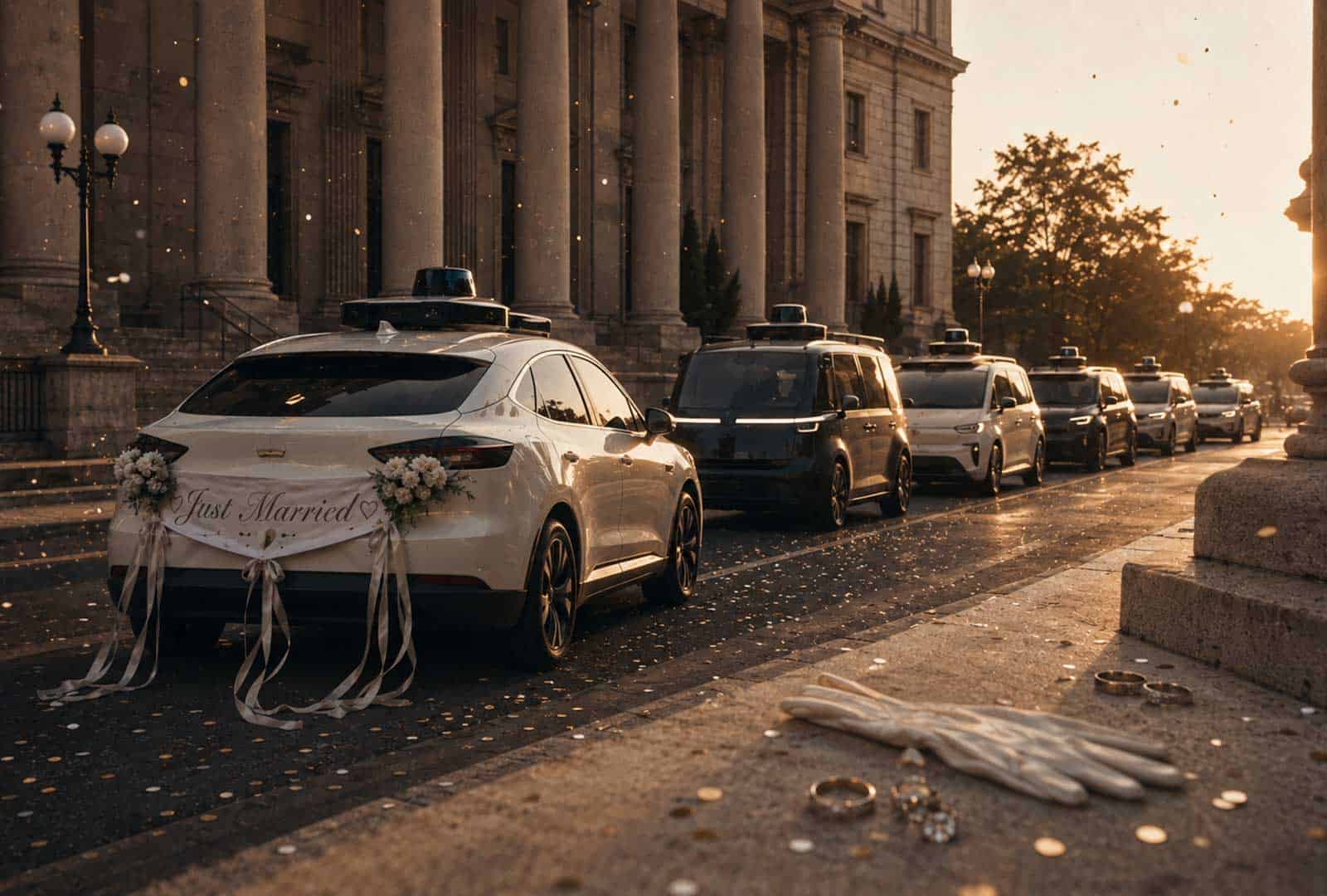 Autonomous wedding cars decorated for a wedding procession at sunset.