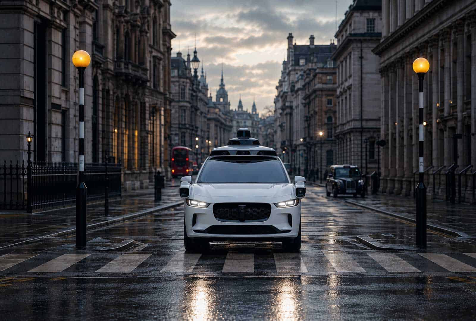 Self-driving car navigating a city street with historic buildings.