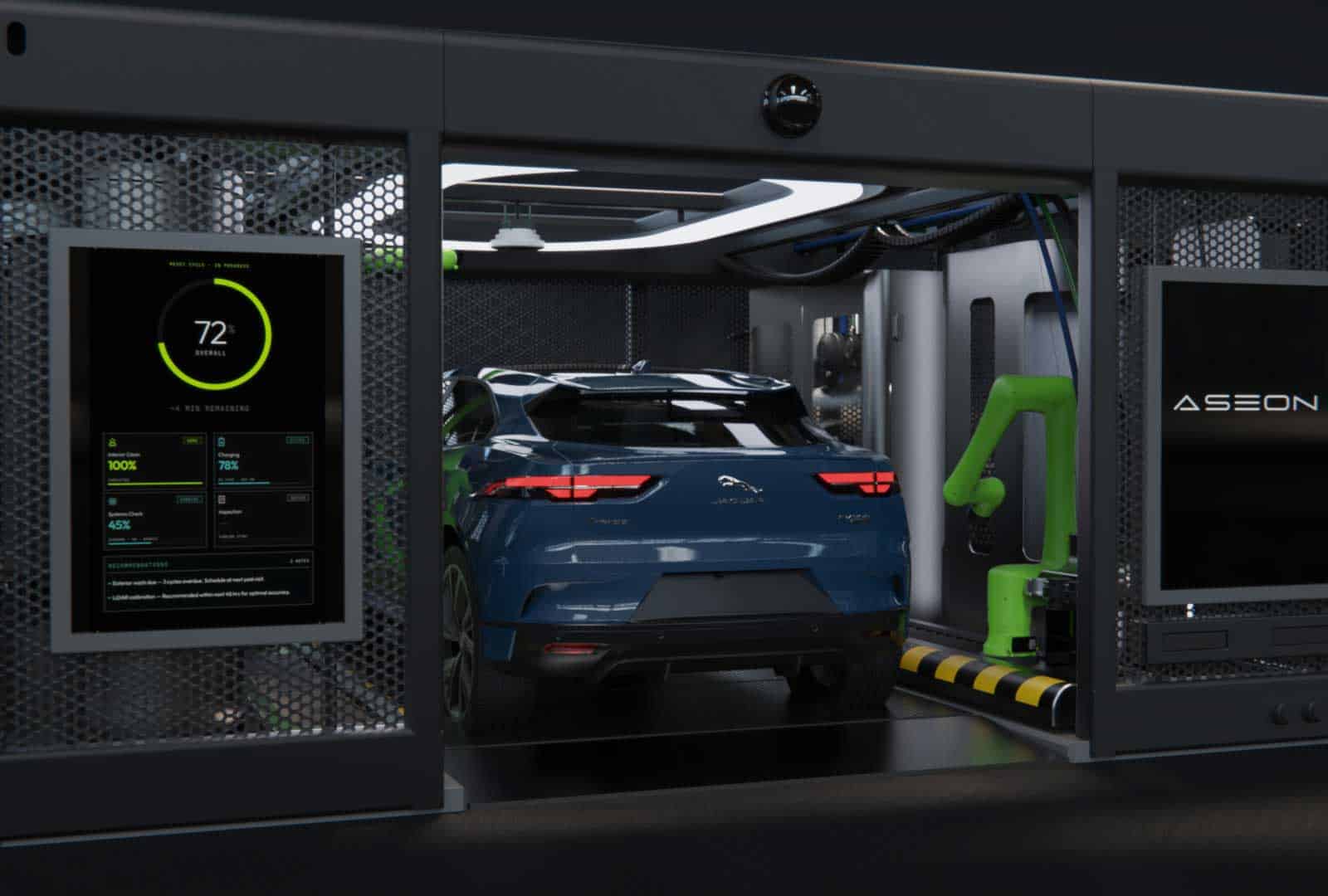 Self-driving car charging station with robotic arm and digital interface.