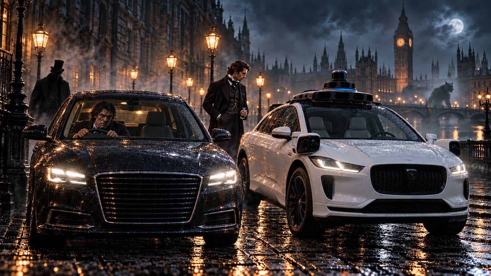 Self-driving cars on wet London street near Big Ben at night.